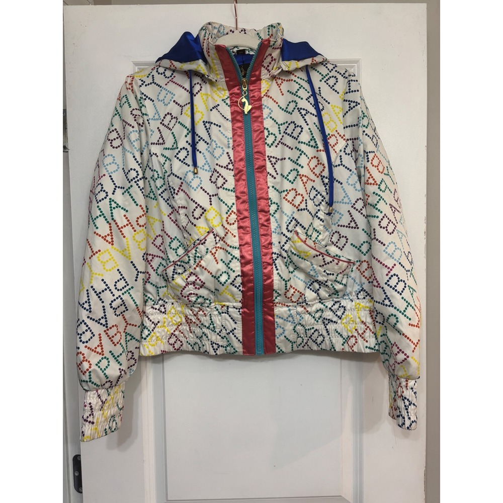 Baby Phat Women XL Puffer Jacket Rainbow Logo Print Hooded Cropped Y2K White